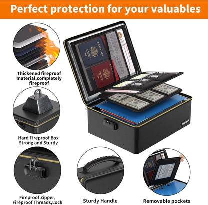 ENGPOW Fireproof Document Box,Hard Fireproof Box with Fireproof Zipper＆Lock,Fireproof Water Resistant Box File Organizer Storage Box Portable Safe for Important Documents,Files,Laptop,Valuable,Black