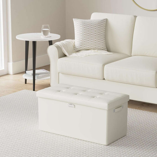 ENGPOW Storage Ottoman Bench,Fireproof Folding Storage Bench with Lock,30 Inches Fire＆Water Resistant Storage Chest Foot Rest Stool Leather Bedroom Bench with Storage Safe for Document,Valuables,Beige