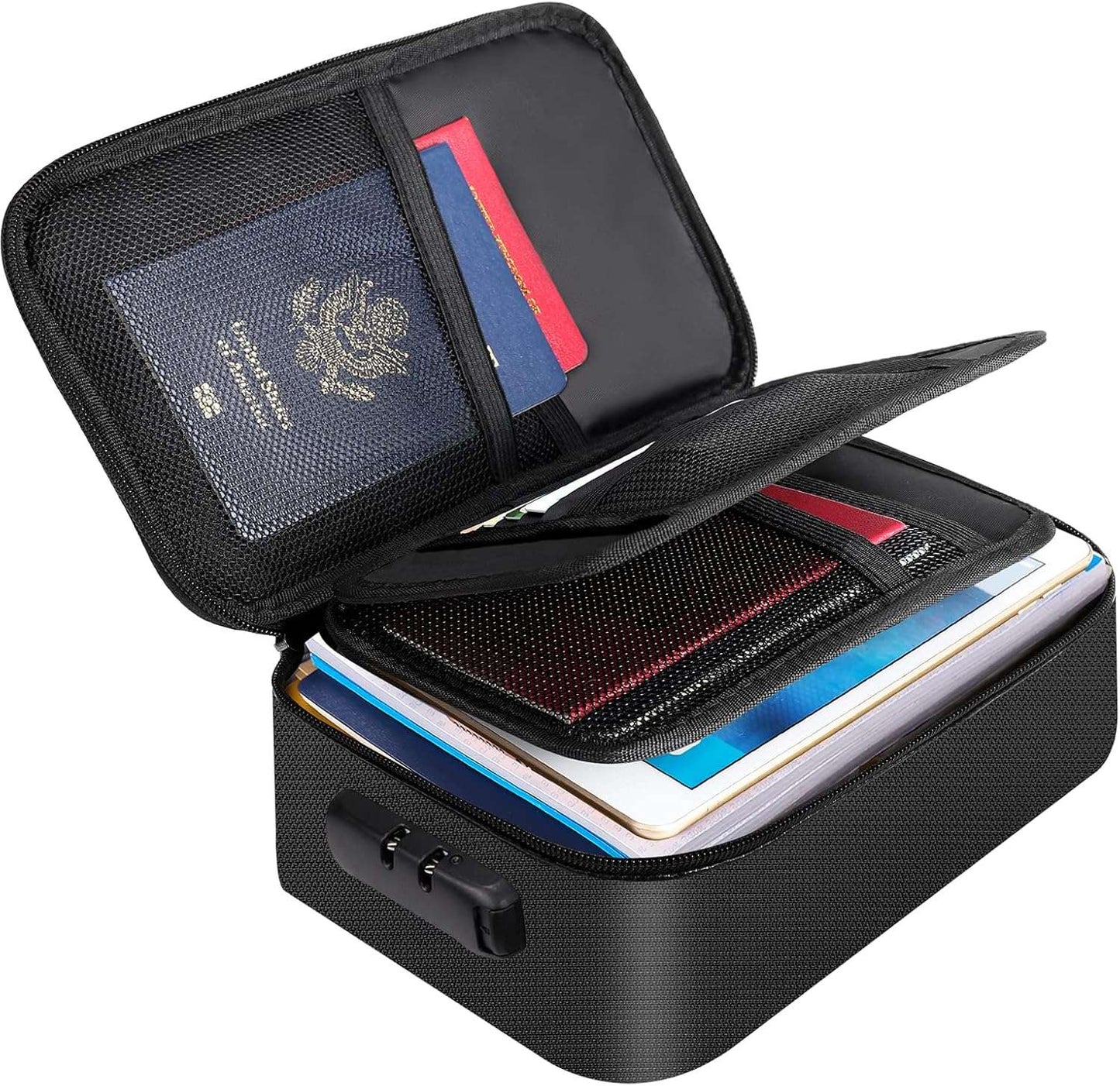 ENGPOW Small Fireproof Storage Organizer Case with Lock(9.4”x 5.9”x 3.2”), 3-Layer Money Safe Coin Organizer Wallet Bag for Cash,Card,Passport,Check,Bill,Travel Home Organizer Carrying Case,Black