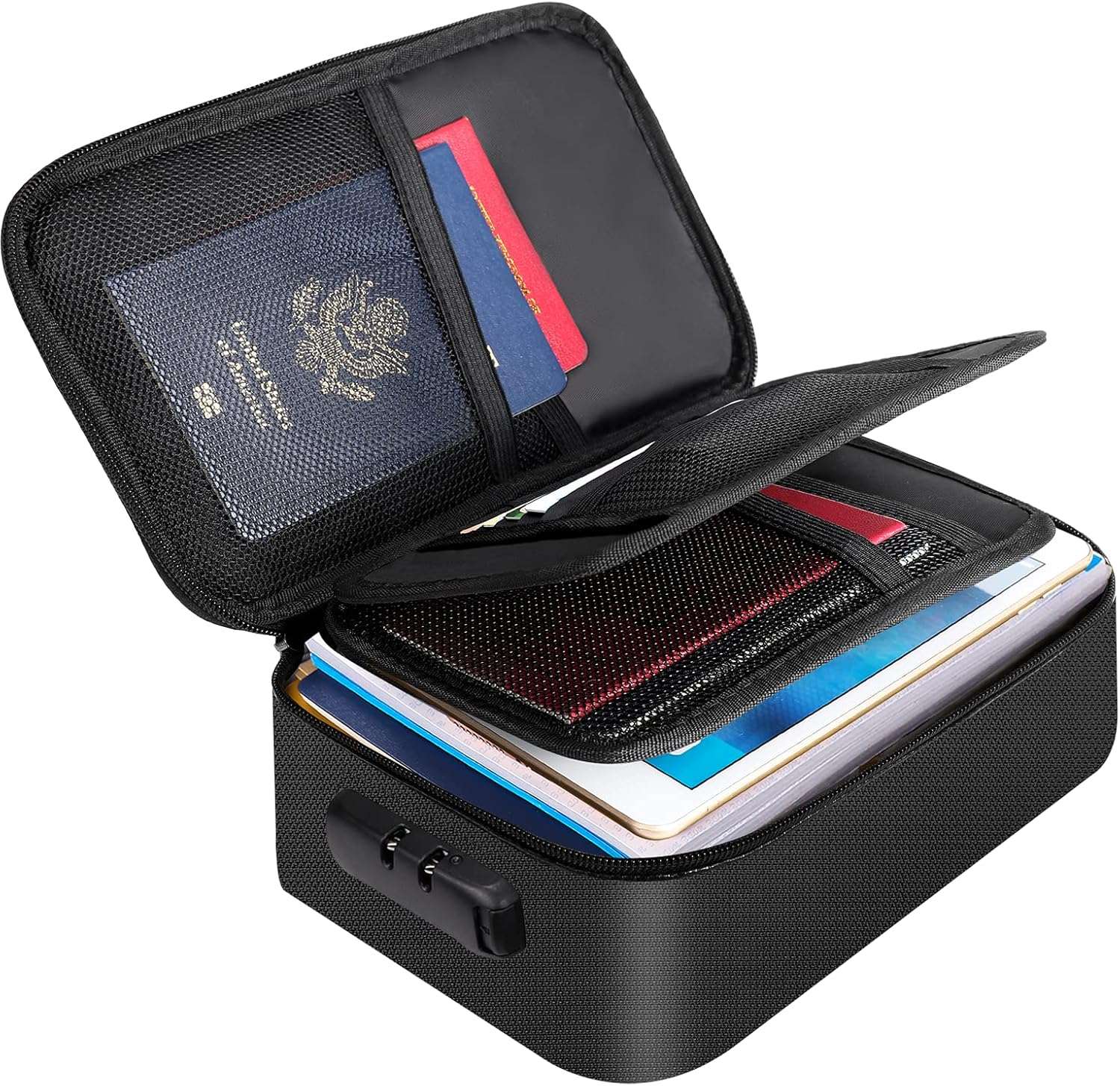 ENGPOW Small Fireproof Storage Organizer Case with Lock(9.4”x 5.9”x 3.2”), 3-Layer Money Safe Coin Organizer Wallet Bag for Cash,Card,Passport,Check,Bill,Travel Home Organizer Carrying Case,Black