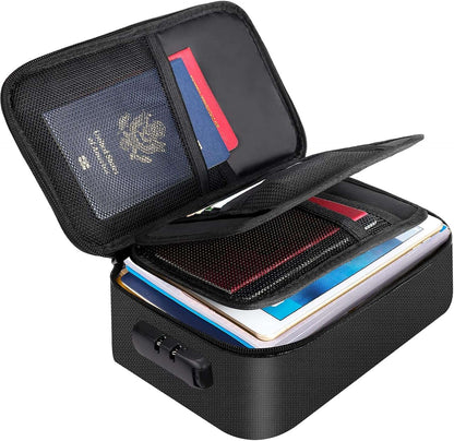 ENGPOW Small Fireproof Storage Organizer Case with Lock(9.4”x 5.9”x 3.2”), 3-Layer Money Safe Coin Organizer Wallet Bag for Cash,Card,Passport,Check,Bill,Travel Home Organizer Carrying Case,Black