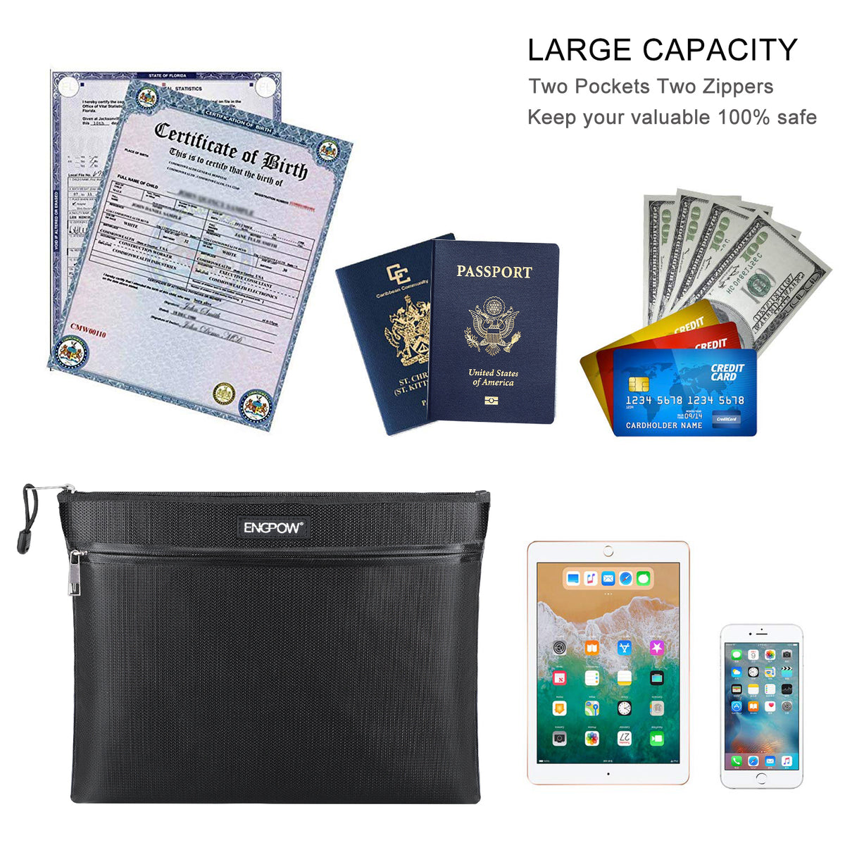 ENGPOW 2000°F Fireproof Money & Document Bag: Double Zipper Pouch (Black)
