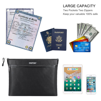 ENGPOW 2000°F Fireproof Money & Document Bag: Double Zipper Pouch (Black)