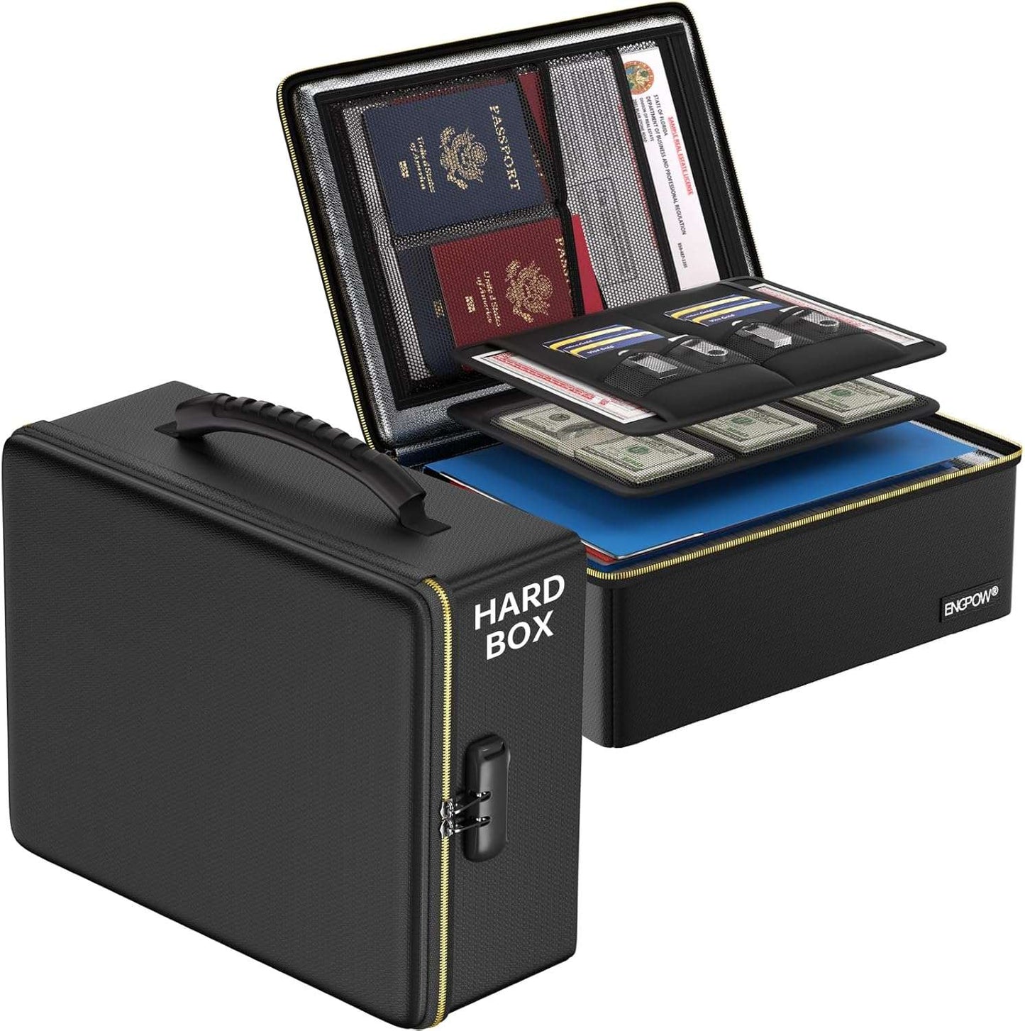 ENGPOW Fireproof Document Box,Hard Fireproof Box with Fireproof Zipper＆Lock,Fireproof Water Resistant Box File Organizer Storage Box Portable Safe for Important Documents,Files,Laptop,Valuable,Black