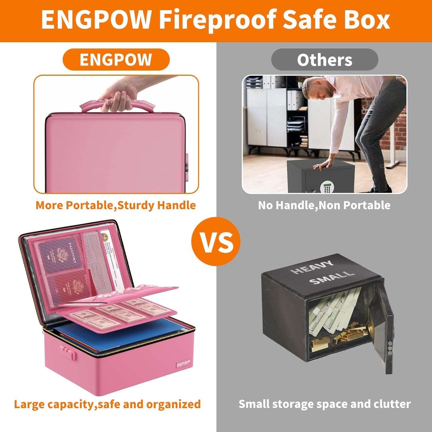 ENGPOW Fireproof & Water‑Resistant Hard Document Box with Fireproof Zipper & Lock