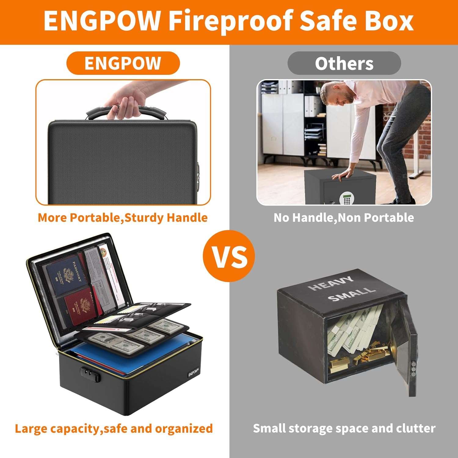 ENGPOW Fireproof Document Box,Hard Fireproof Box with Fireproof Zipper＆Lock,Fireproof Water Resistant Box File Organizer Storage Box Portable Safe for Important Documents,Files,Laptop,Valuable,Black