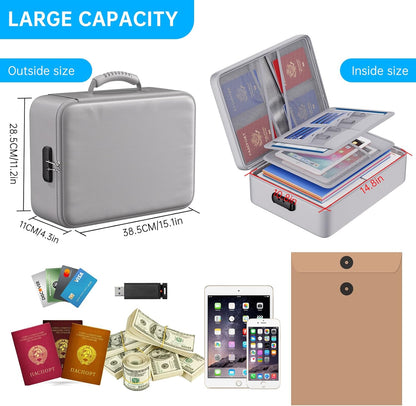 ENGPOW 5200°F Fireproof Document Bag with Lock, Upgraded Heat Insulated Fireproof＆Waterproof Box 8 Layers Document Organizer, Portable Home Travel Safe Storage Box for Important Files, Laptop, Silver