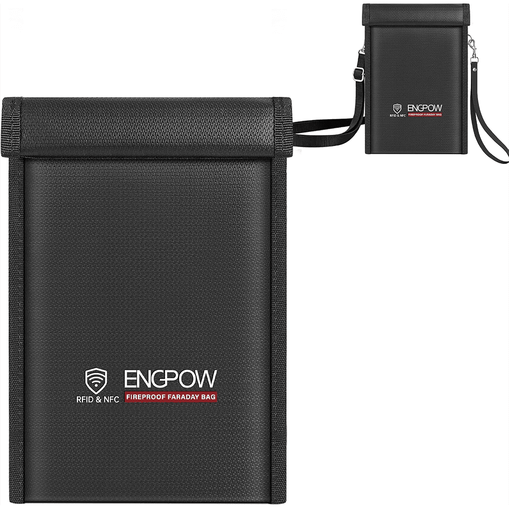 ENGPOW Military Grade Faraday Bag for Phones, Signal Blocking Pouch Black | Fireproof, Waterproof, Anti-Tracking, RFID Blocker (5G/GPS/WiFi/Bluetooth) with Detachable Shoulder Straps, for Daily Travel