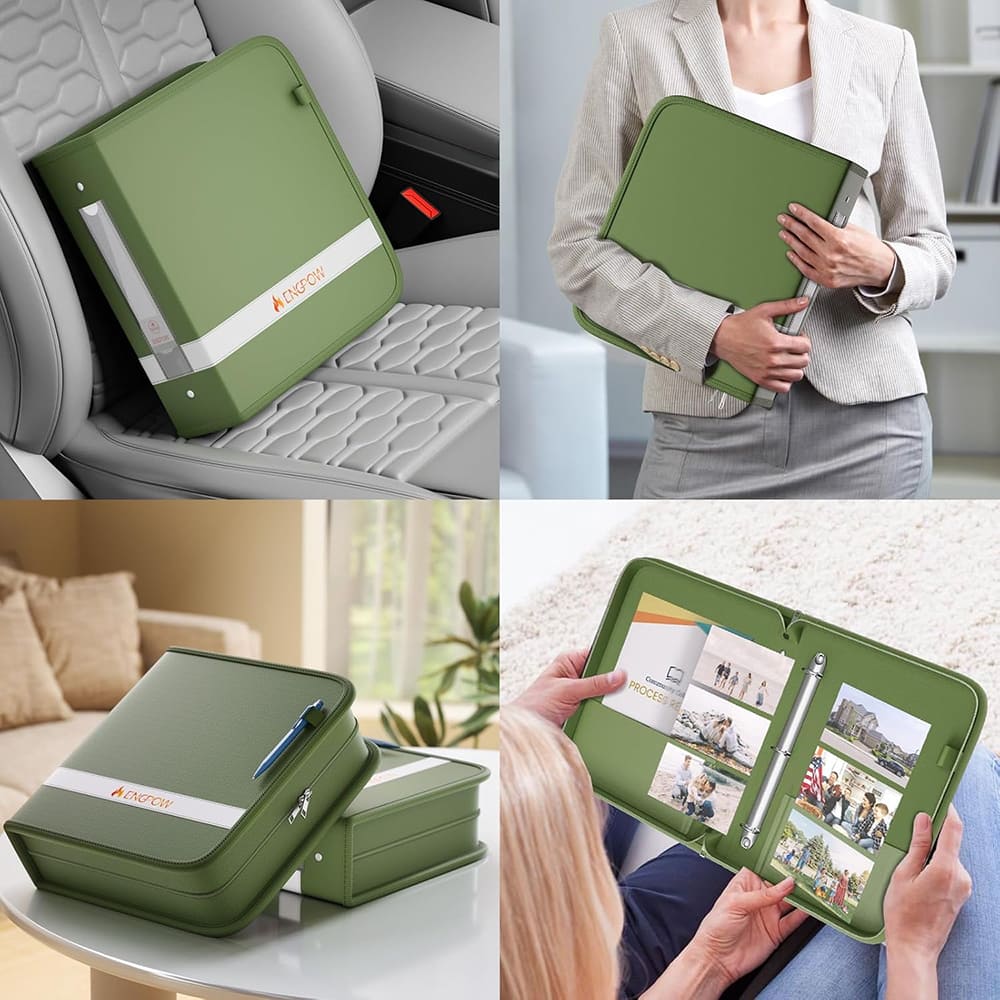 ENGPOW Fireproof Document Binder – Green 3-Ring Zipper File Organizer