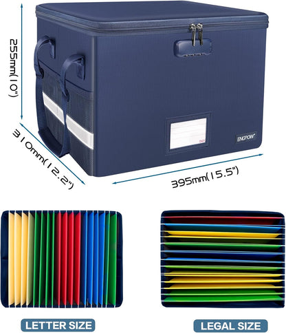 ENGPOW File Box with Lock, Fireproof Document Box with Zipper Lid,Collapsible File Organizer Storage Box Filing Box with Handle,Portable Home Office Safe Box for Hanging Letter/Legal Folder,Blue