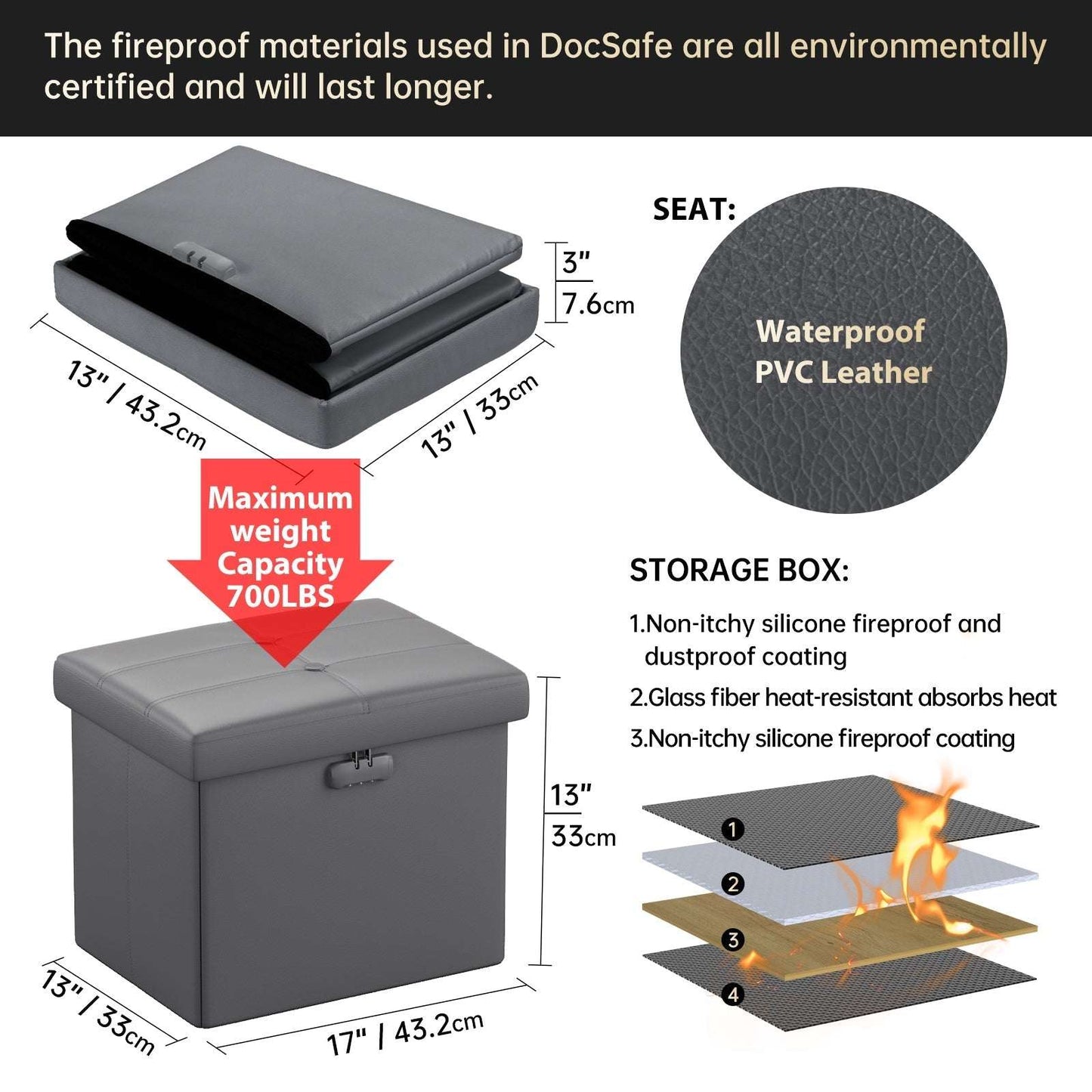 M Size Fireproof Storage Ottoman
