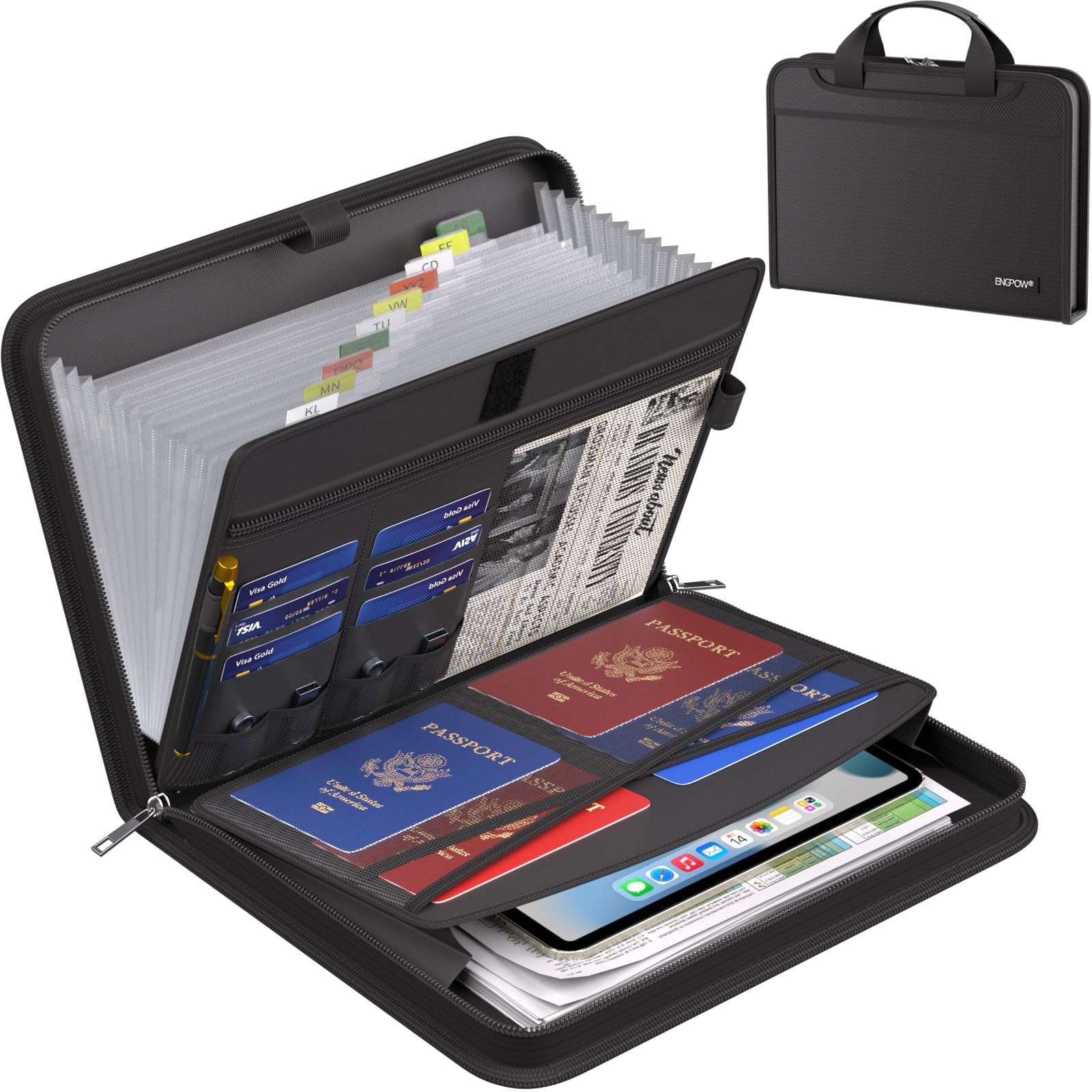 ENGPOW Accordion File Organizer, Fire Resistant Expanding File Folder with Multi Pockets, 13 Pocket File Organizer with Handles and Labels, Portable Home Travel Safe Storage for Letter A4 Files and More