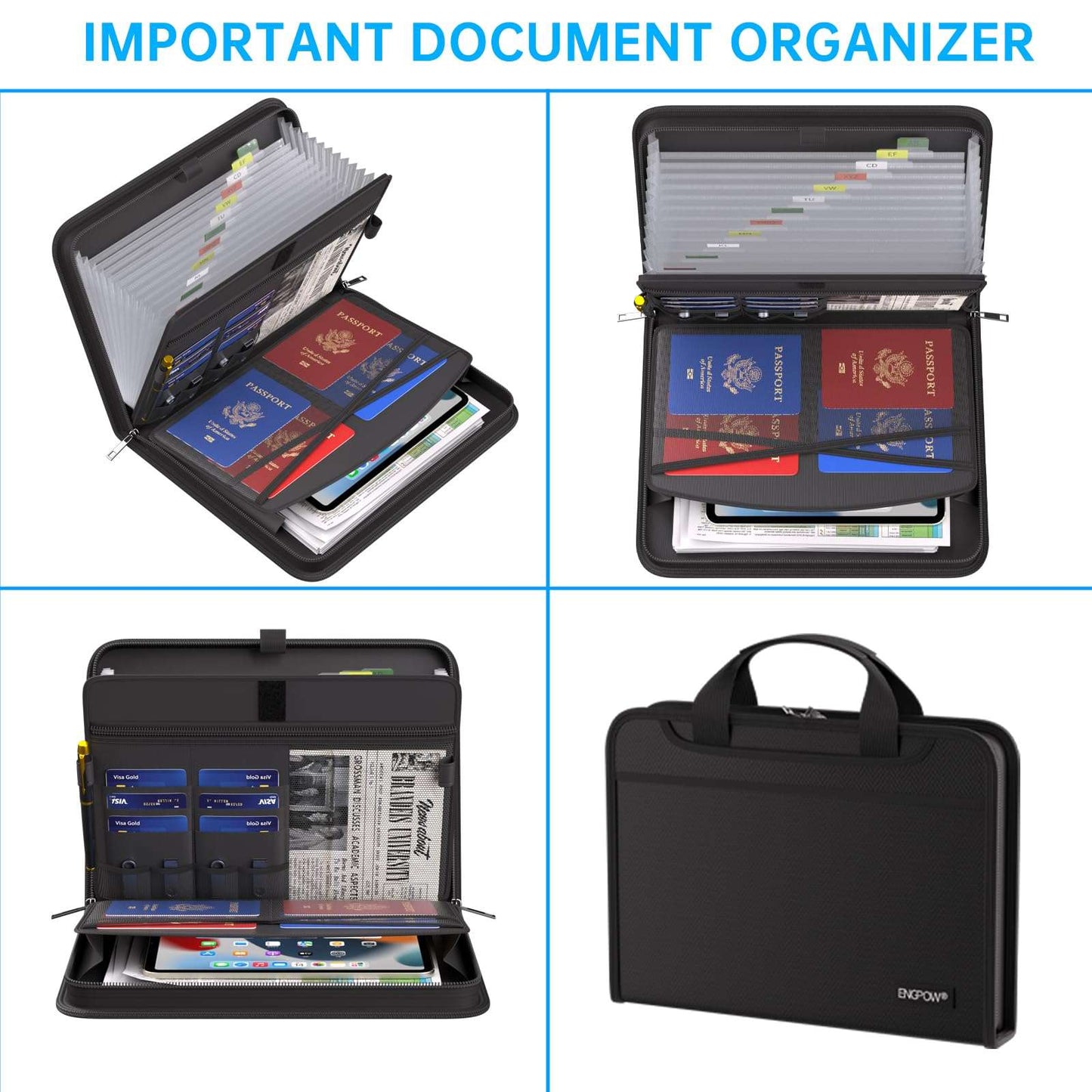 ENGPOW Accordion File Organizer, Fire Resistant Expanding File Folder with Multi Pockets, 13 Pocket File Organizer with Handles and Labels, Portable Home Travel Safe Storage for Letter A4 Files and More