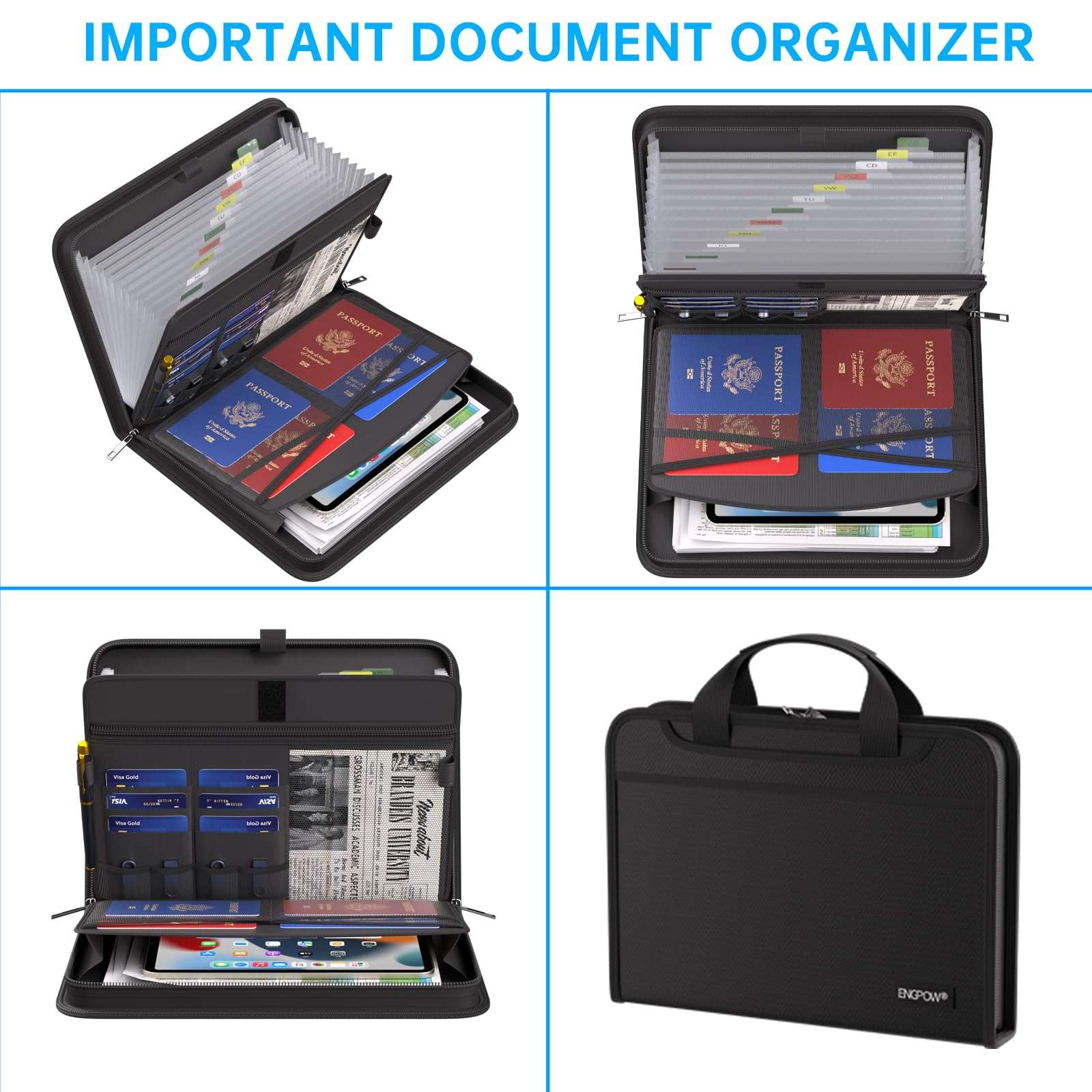 ENGPOW Accordion File Organizer, Fire Resistant Expanding File Folder with Multi Pockets, 13 Pocket File Organizer with Handles and Labels, Portable Home Travel Safe Storage for Letter A4 Files and More