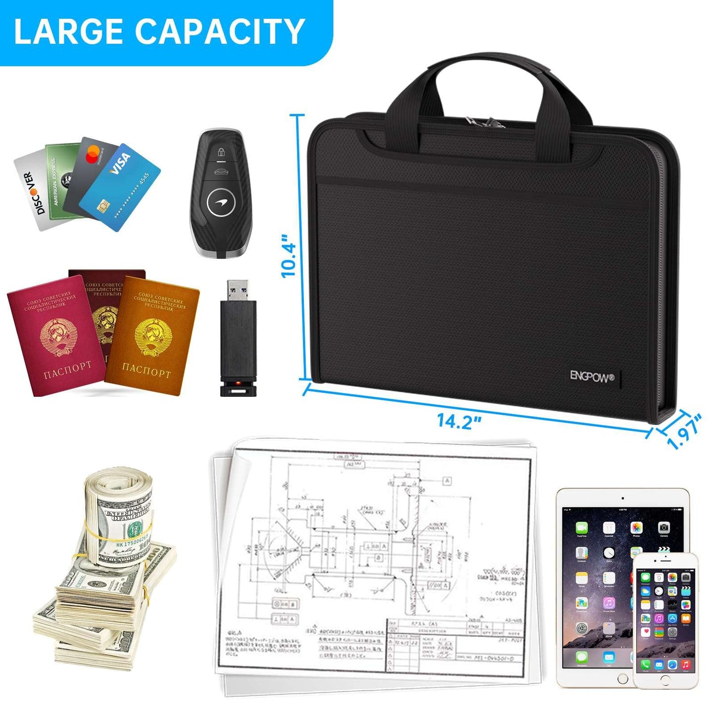 ENGPOW Accordion File Organizer, Fire Resistant Expanding File Folder with Multi Pockets, 13 Pocket File Organizer with Handles and Labels, Portable Home Travel Safe Storage for Letter A4 Files and More