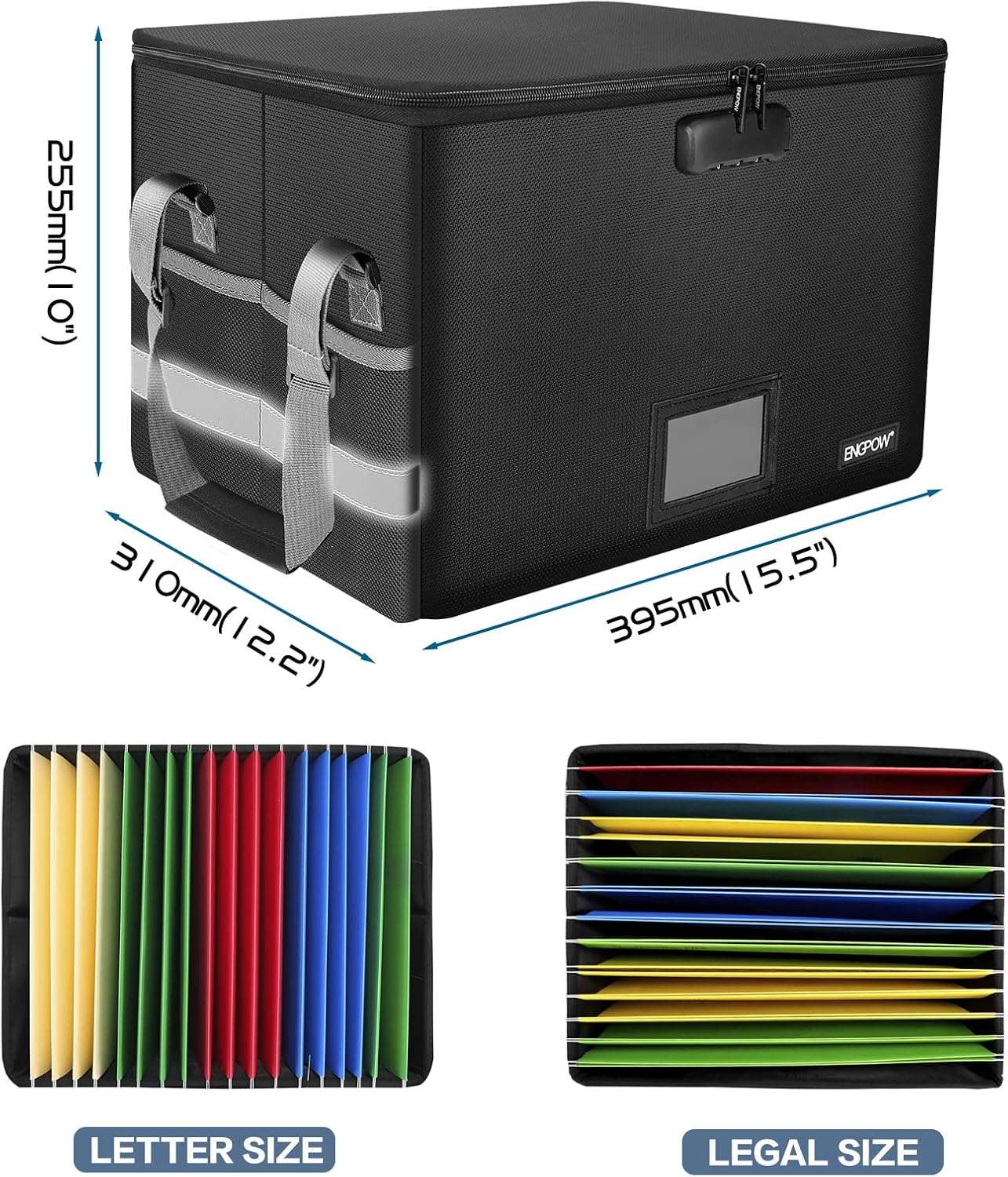 ENGPOW File Box with Lock, Fireproof Document Box with Inserts,Collapsible File Storage Organizer Box Filing Box with Handle,Portable Home Office Safe Box for Hanging Letter/Legal Folder,2 Pack