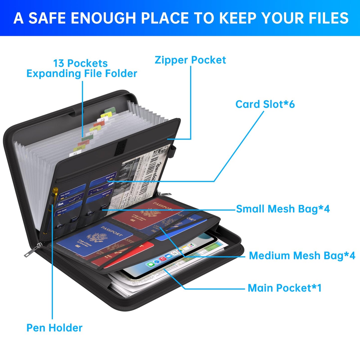 ENGPOW Accordion File Organizer, Fire Resistant Expanding File Folder with Multi Pockets, 13 Pocket File Organizer with Handles and Labels, Portable Home Travel Safe Storage for Letter A4 Files and More