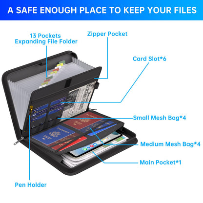 ENGPOW Accordion File Organizer, Fire Resistant Expanding File Folder with Multi Pockets, 13 Pocket File Organizer with Handles and Labels, Portable Home Travel Safe Storage for Letter A4 Files and More