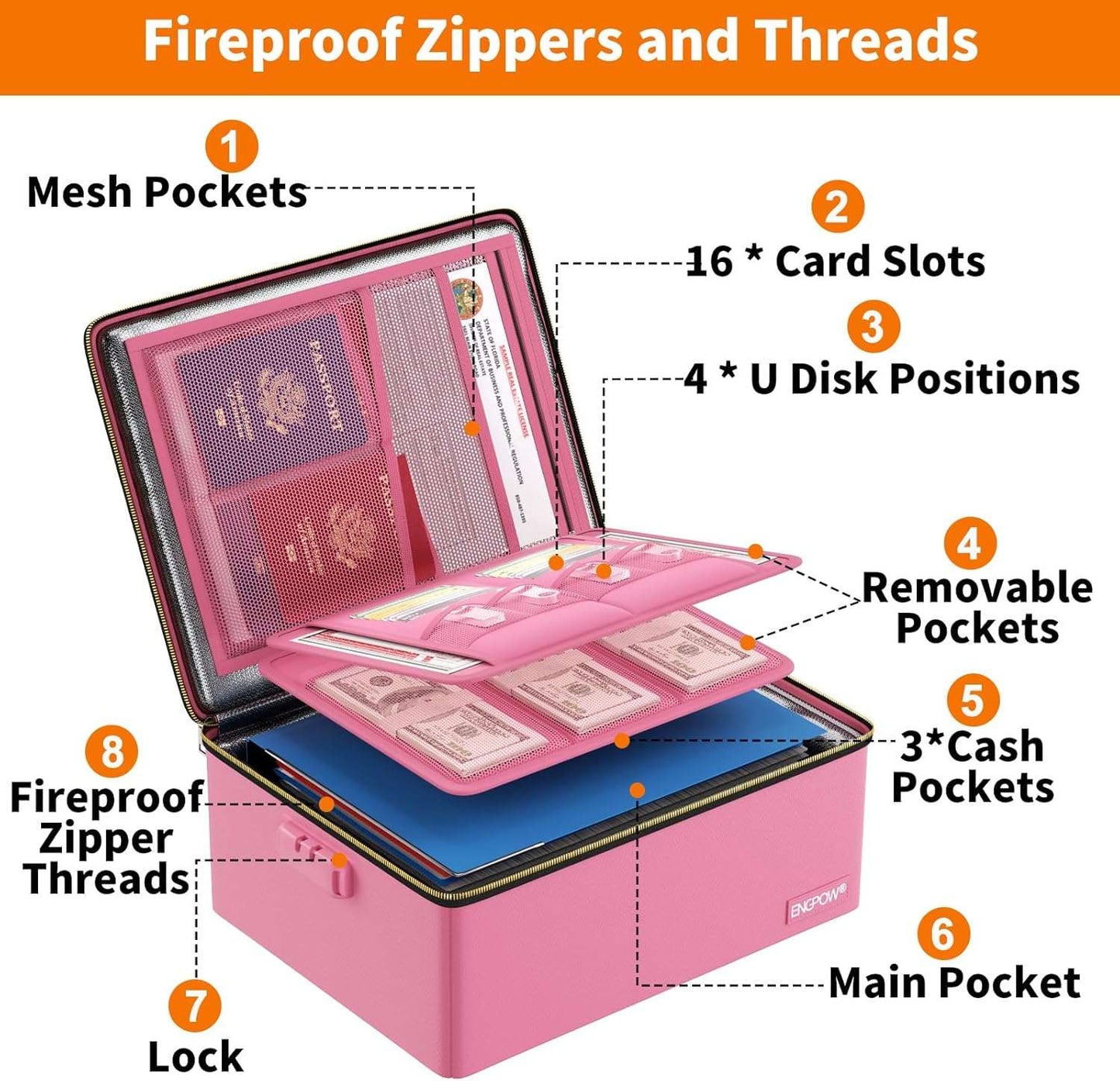 ENGPOW Pink Fireproof Hard Document Box