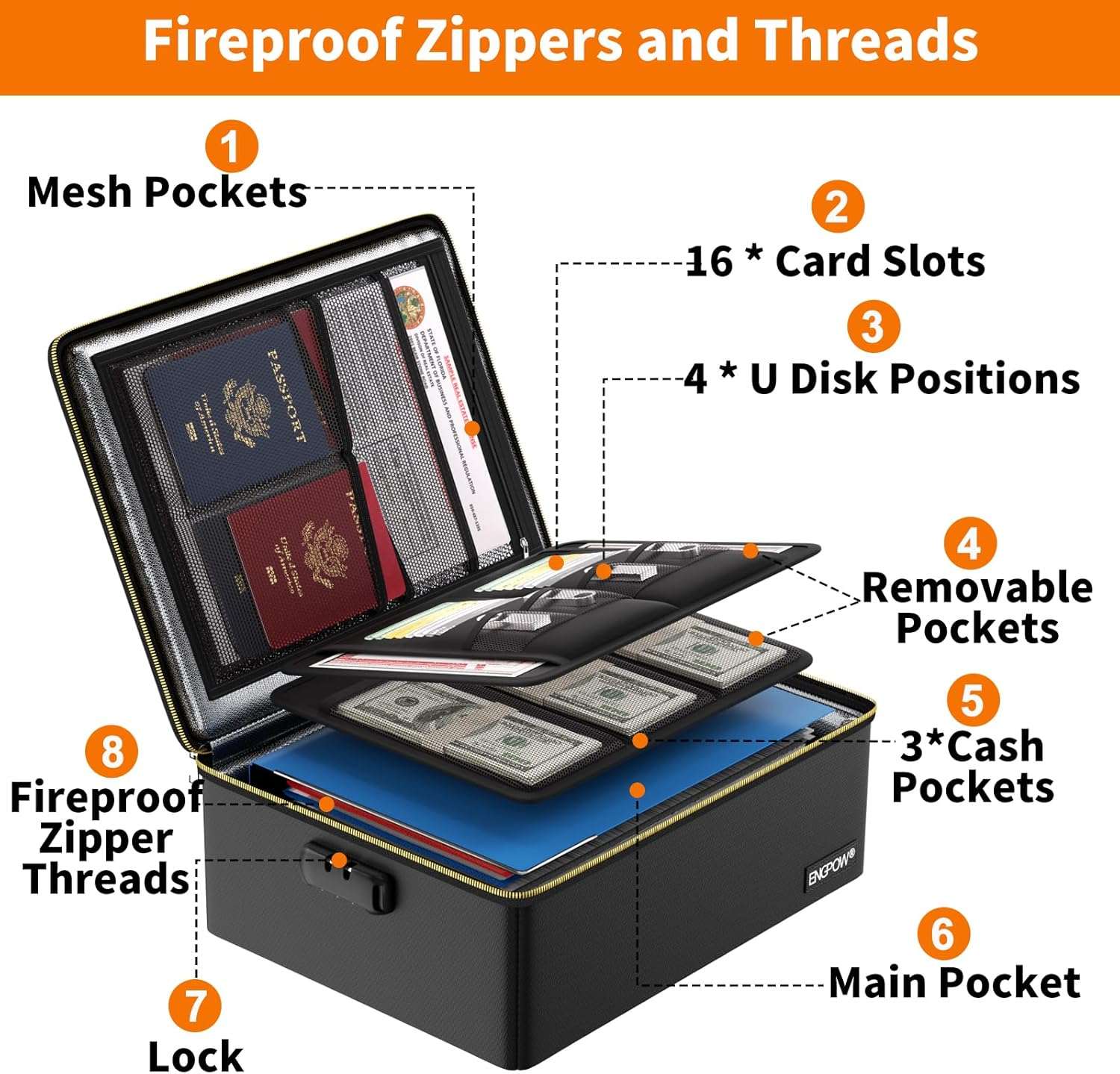 ENGPOW Fireproof Document Box,Hard Fireproof Box with Fireproof Zipper＆Lock,Fireproof Water Resistant Box File Organizer Storage Box Portable Safe for Important Documents,Files,Laptop,Valuable,Black