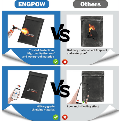 ENGPOW Military Grade Faraday Bag for Phones, Signal Blocking Pouch Black | Fireproof, Waterproof, Anti-Tracking, RFID Blocker (5G/GPS/WiFi/Bluetooth) with Detachable Shoulder Straps, for Daily Travel