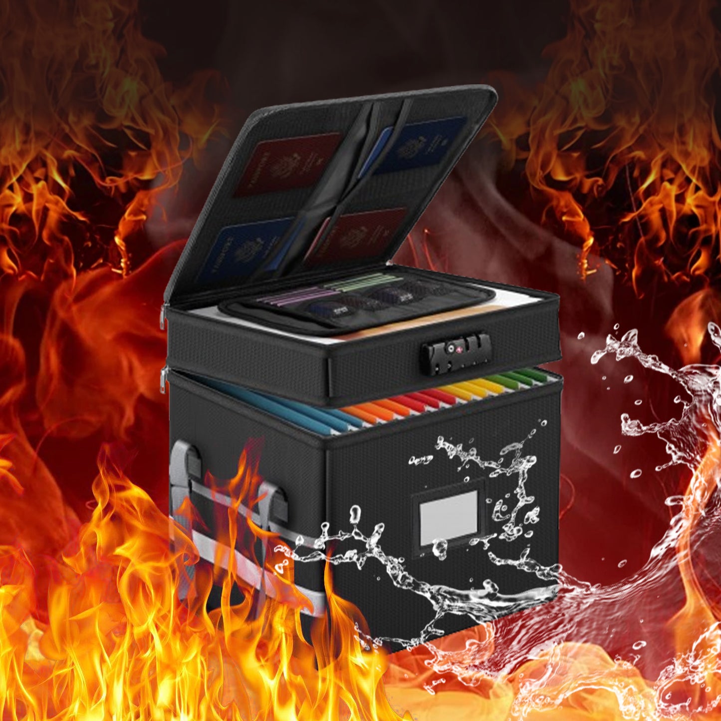 Fireproof portable double-layer waterproof file box with lock reflective strip