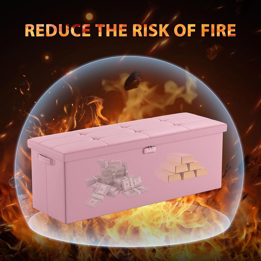 ENGPOW Fireproof Storage Bench with Lock – Folding Fireproof Footstool & Chest for Documents & Valuables, Pink