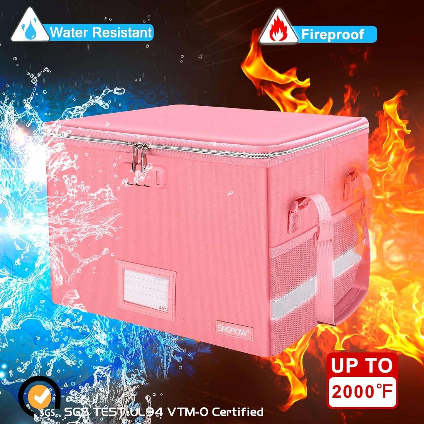 ENGPOW File Box with Lock, Fireproof Document Box with Inserts,Collapsible File Storage Organizer Box Filing Box with Handle,Portable Home Office Safe Box File Cabinet for Hanging Folder,2 Pack(Pink)