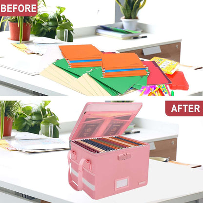 ENGPOW Pink Fireproof Document Box with Lock Zipper Pockets Collapsible
