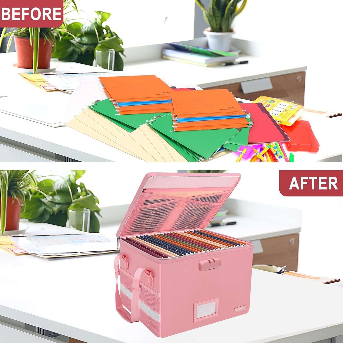 ENGPOW Fireproof File Box with Lock Collapsible Organizer Pink Portable Safe