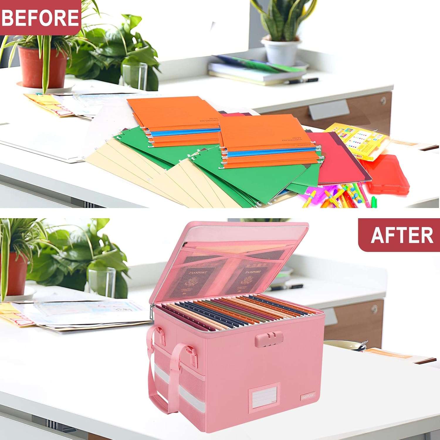 ENGPOW Fireproof File Box with Lock Collapsible Organizer Pink Portable Safe