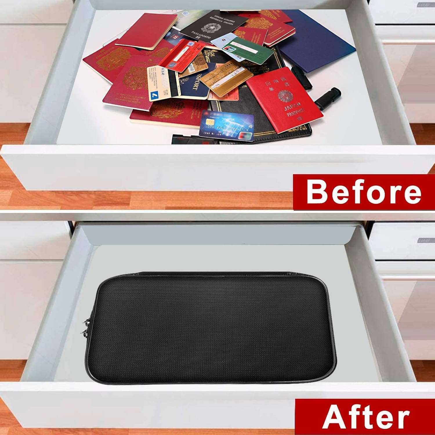 ENGPOW Small Fireproof Storage Organizer Case with Lock(9.4”x 5.9”x 3.2”), 3-Layer Money Safe Coin Organizer Wallet Bag for Cash,Card,Passport,Check,Bill,Travel Home Organizer Carrying Case,Black