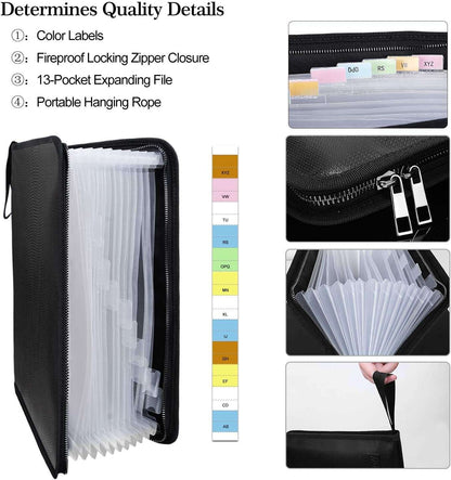 ENGPOW Fireproof File Folder Fireproof Fire and Water Resistant Money Document Bag with A4 Size 13 Pockets Zipper Closure Non-Itchy Silicone Coated Portable Filing Organizer Pouch(14.3" x 9.8")