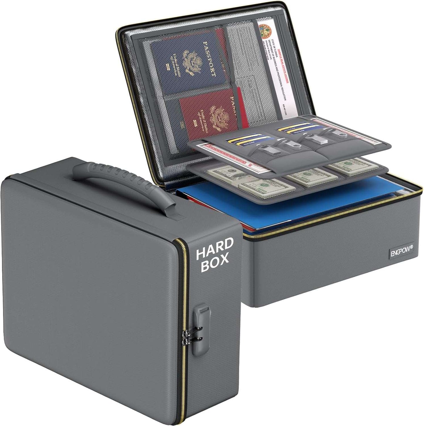 ENGPOW Fireproof & Water‑Resistant Hard Document Box with Fire‑Resistant Zipper & Lock