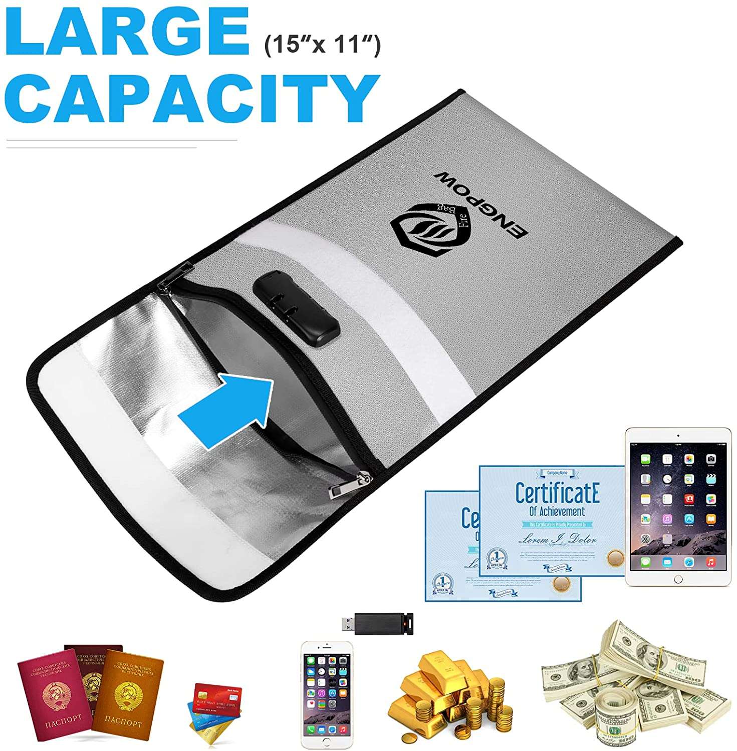 ENGPOW Fireproof Document Bag with Lock (2200℉)