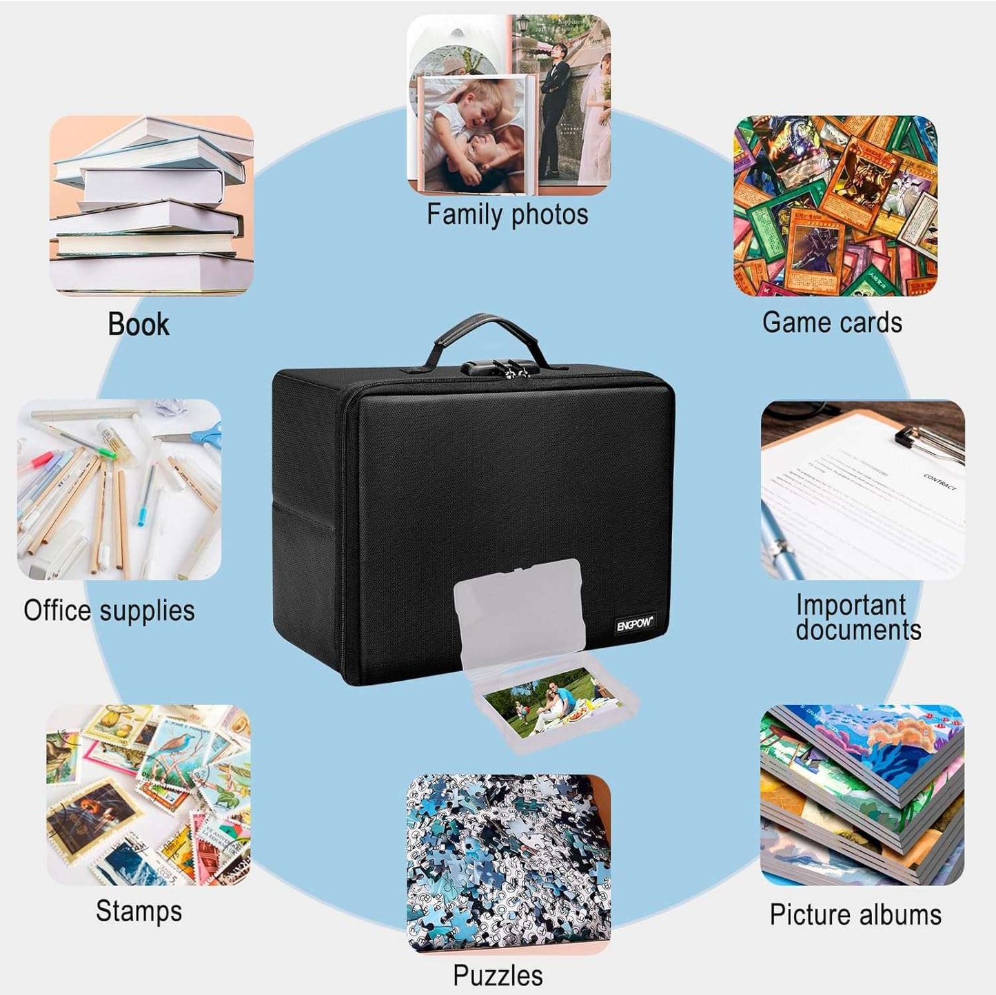 ENGPOW Photo Storage Box with 18 Inner 4" x 6" Photo Case(Clear),Fireproof Photo Organizer Box with Lock,Collapsible Portable Photo Storage Containers with Handles for Photos,Picture,Valuables