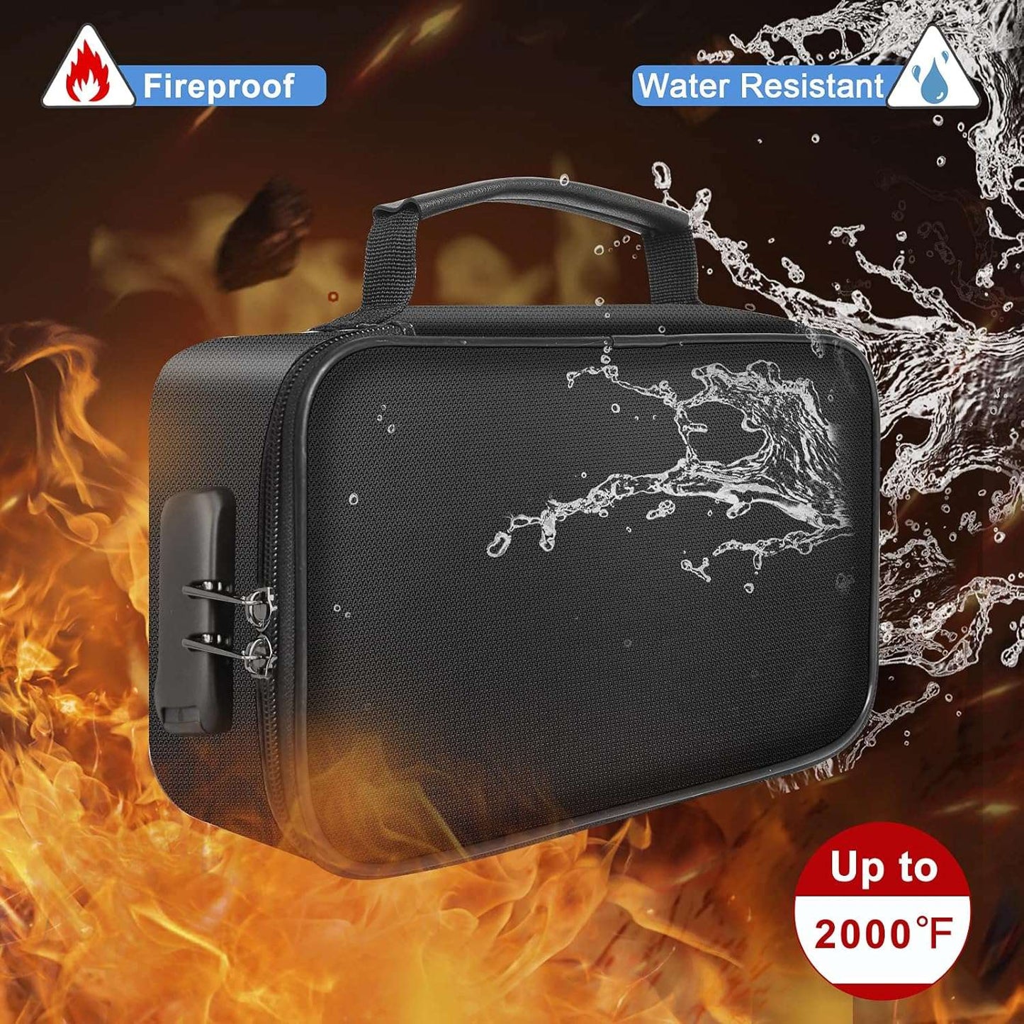 ENGPOW Small Fireproof Storage Organizer Case with Lock(9.4”x 5.9”x 3.2”), 3-Layer Money Safe Coin Organizer Wallet Bag for Cash,Card,Passport,Check,Bill,Travel Home Organizer Carrying Case,Black