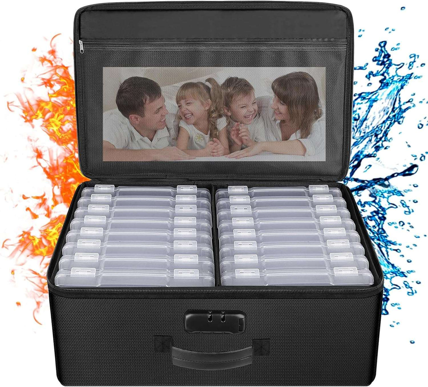 ENGPOW Fireproof Photo Storage Box 5" x 7" Photo Case(Clear),16 Inner Photo Keeper Photo Box Organizer with Lock,Collapsible Portable Photo Storage Container with Handle for Photos,Picture,Valuables