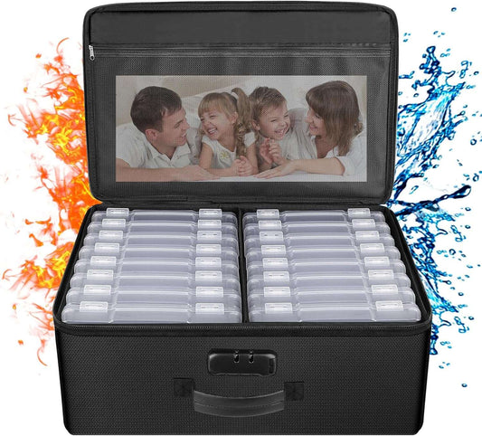 ENGPOW Fireproof Photo Storage Box 5" x 7" Photo Case(Clear),16 Inner Photo Keeper Photo Box Organizer with Lock,Collapsible Portable Photo Storage Container with Handle for Photos,Picture,Valuables