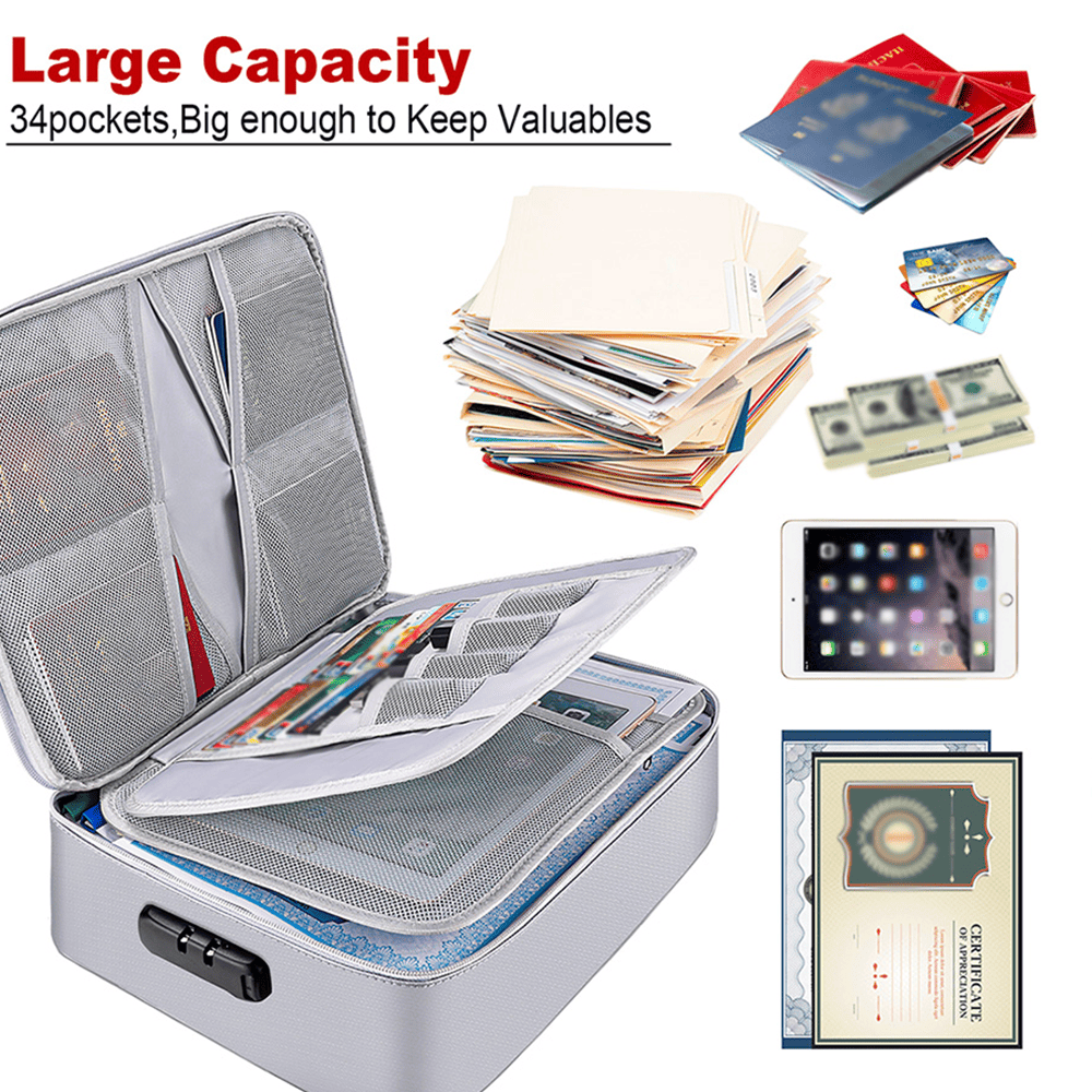 Fireproof Document Bag with Lock Money Safe Pouch Home Office Travel