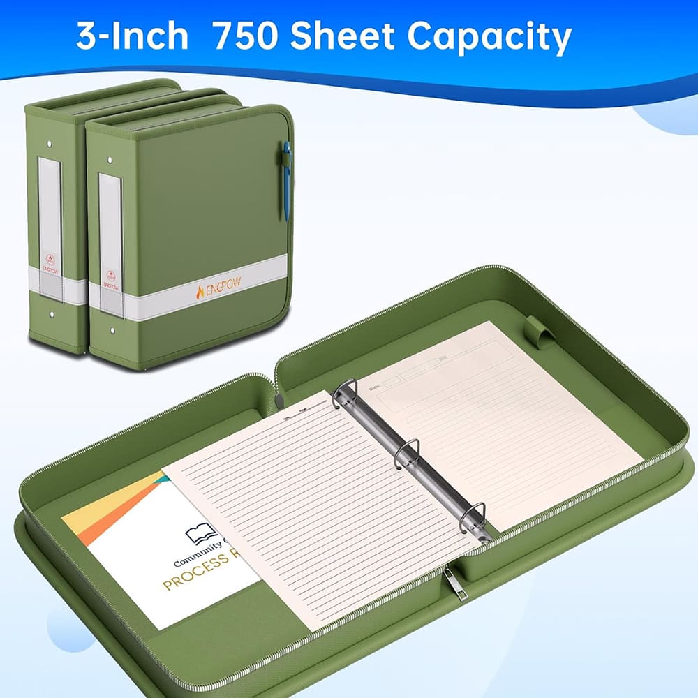 ENGPOW Fireproof Document Binder – Green 3-Ring Zipper File Organizer