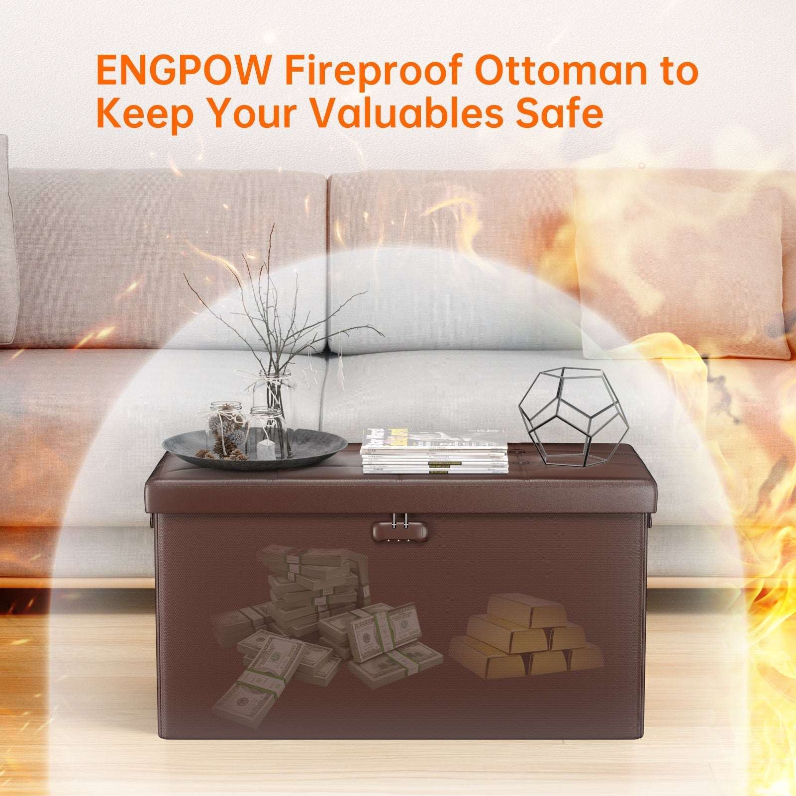 Gray Fireproof Storage Ottoman Bench Folding Bench with Lock