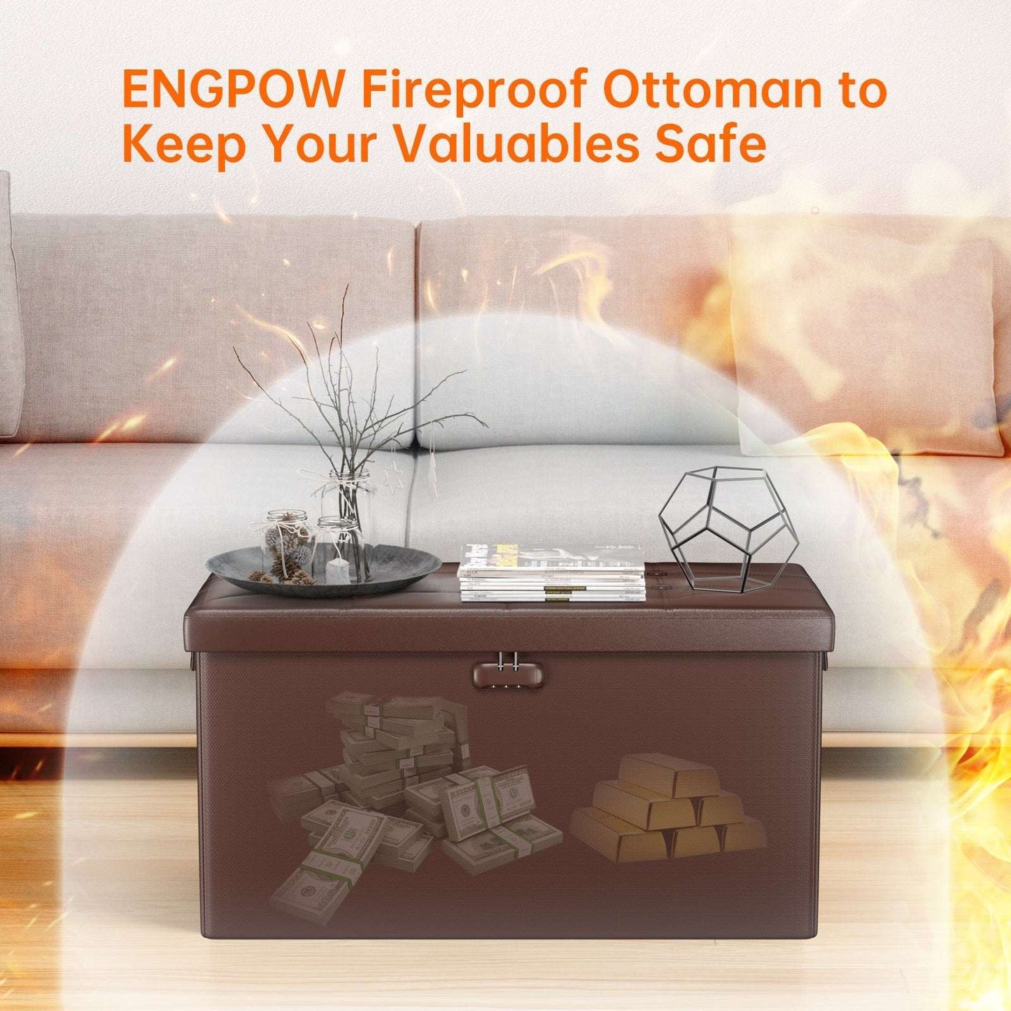 Brown Fireproof Storage Ottoman Bench Folding Bench with Lock