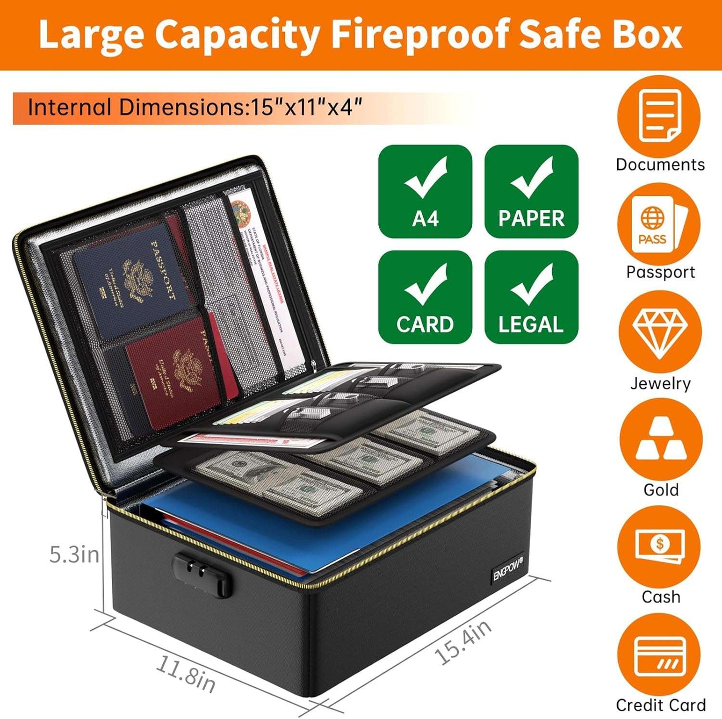 ENGPOW Fireproof Document Box,Hard Fireproof Box with Fireproof Zipper＆Lock,Fireproof Water Resistant Box File Organizer Storage Box Portable Safe for Important Documents,Files,Laptop,Valuable,Black