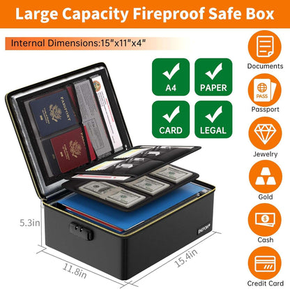 ENGPOW Fireproof Document Box,Hard Fireproof Box with Fireproof Zipper＆Lock,Fireproof Water Resistant Box File Organizer Storage Box Portable Safe for Important Documents,Files,Laptop,Valuable,Black