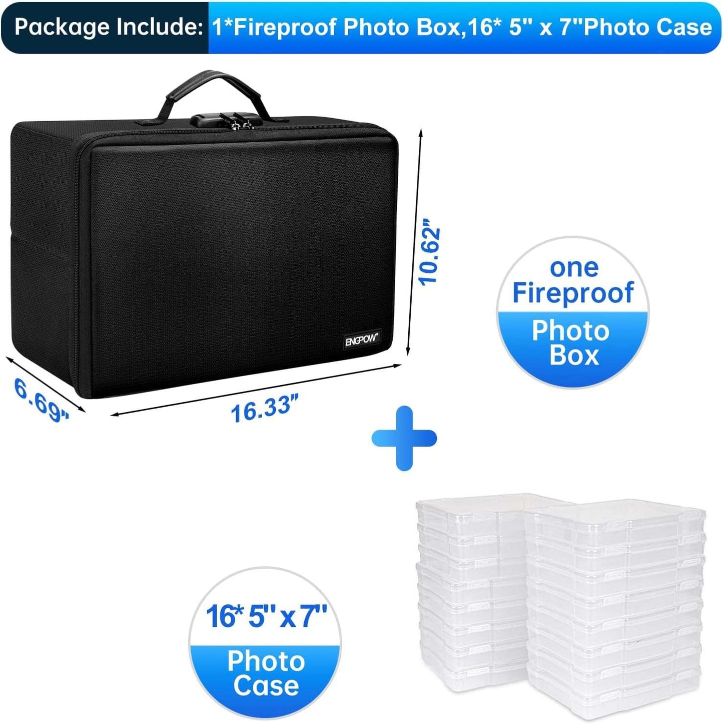 ENGPOW Fireproof & Water‑Resistant Collapsible Photo Storage Box with 16 5"×7" Photo Cases