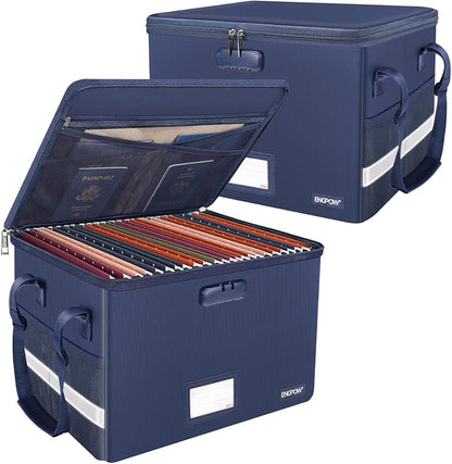 ENGPOW File Box with Lock, Fireproof Document Box with Zipper Lid,Collapsible File Organizer Storage Box Filing Box with Handle,Portable Home Office Safe Box for Hanging Letter/Legal Folder,Blue