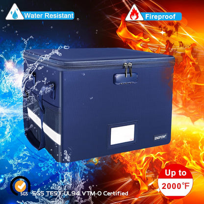 ENGPOW File Box with Lock, Fireproof Document Box with Zipper Lid,Collapsible File Organizer Storage Box Filing Box with Handle,Portable Home Office Safe Box for Hanging Letter/Legal Folder,Blue
