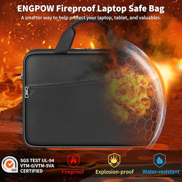 ENGPOW Laptop Bag, Fireproof 15.6 inch Messenger Bag Safe Storage for Laptop or Tablet, Computer Bag Carrying Case with Shoulder Strap＆Handle, Dual Zipper, Mesh Pockets for Home Office Travel, Black