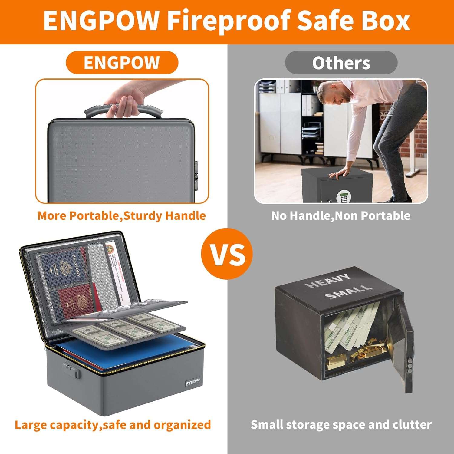 ENGPOW Fireproof & Water‑Resistant Hard Document Box with Fire‑Resistant Zipper & Lock